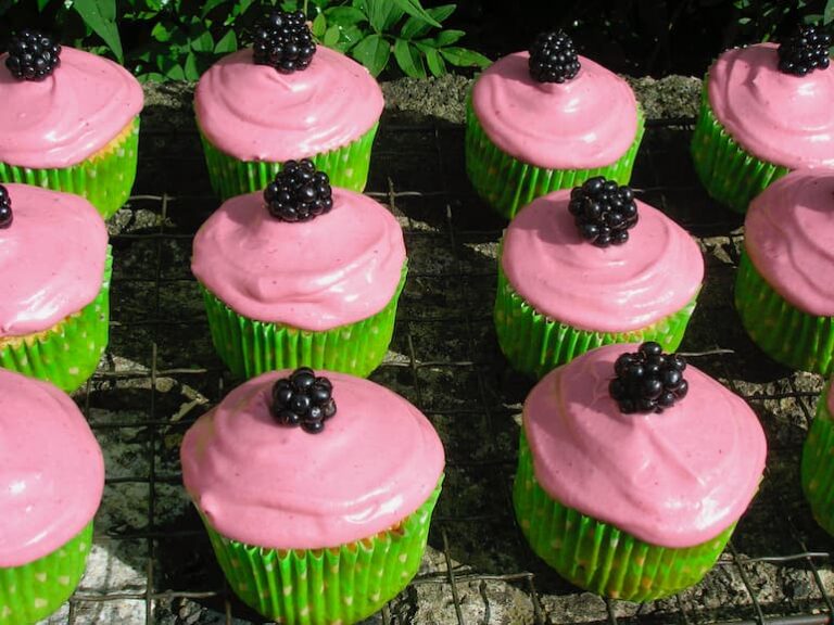 Twelve blackberry and apple cupcakes sitting on a wall.