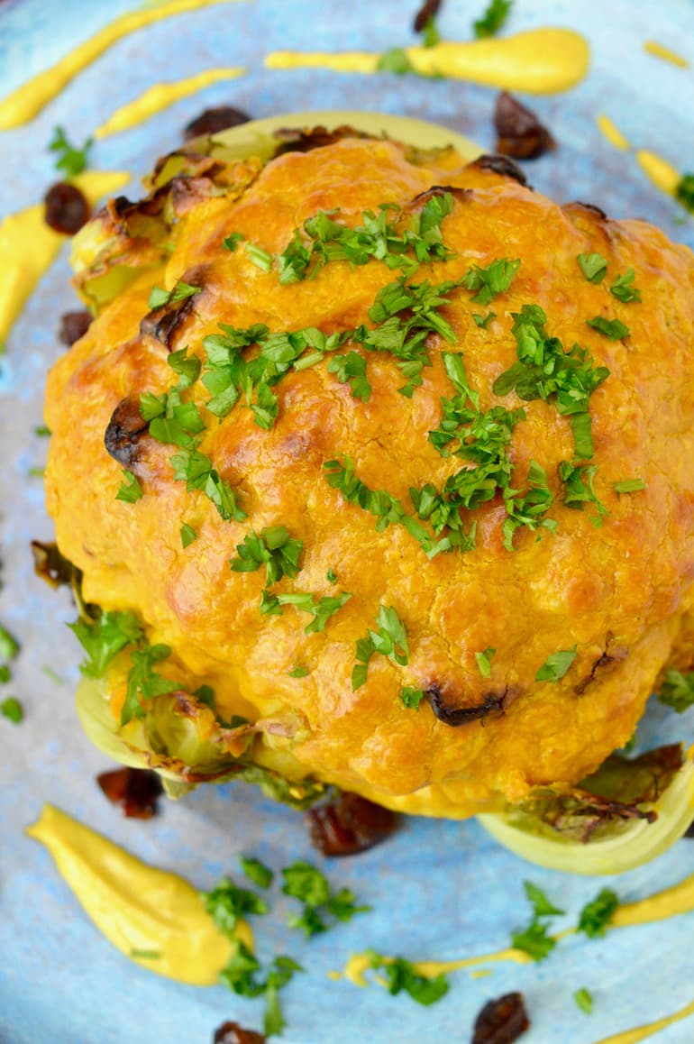 Whole Roasted Cauliflower With Tahini Sauce Tin and Thyme