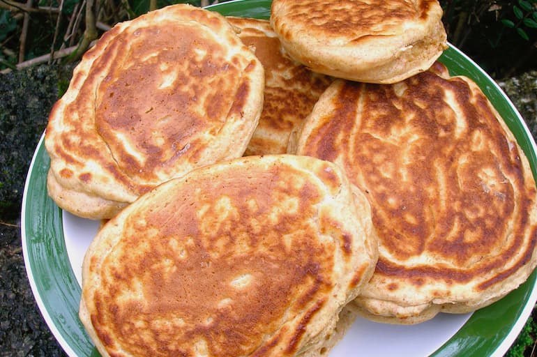 A plate of homemade crempogau (Welsh pancakes).