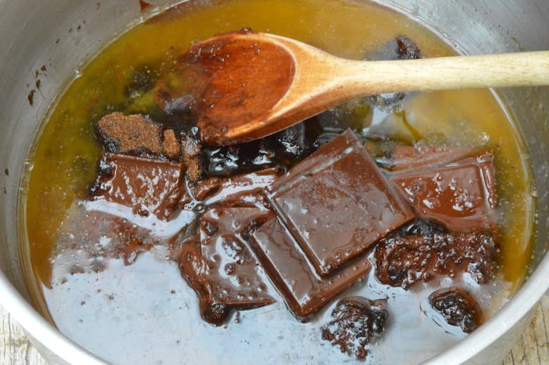 Butter, sugar and chocolate melting in a pan.