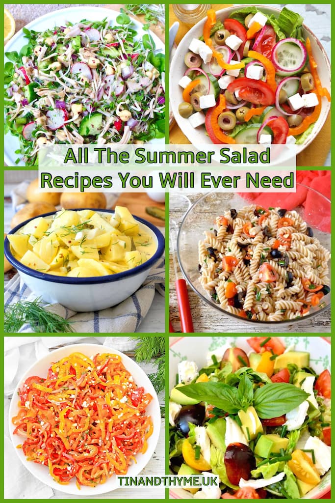 A collage of six summer salad recipes.