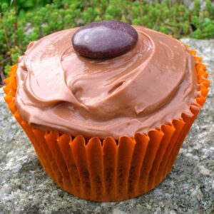 A cardamom and orange flavoured milk chocolate cupcake.