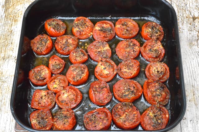 Seasoned roasted tomatoes just out of oven.
