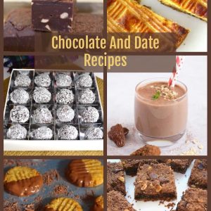 A collage of six chocolate and date recipes.