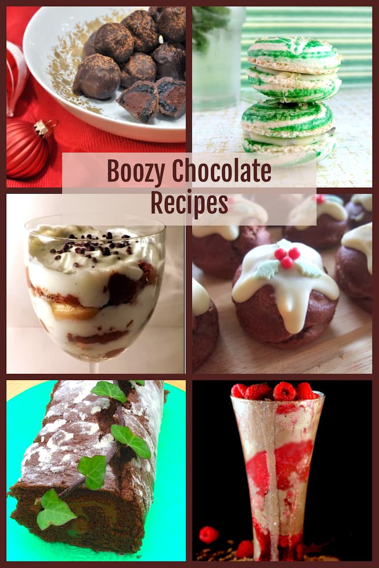 Pin collage of six boozy chocolate recipes.