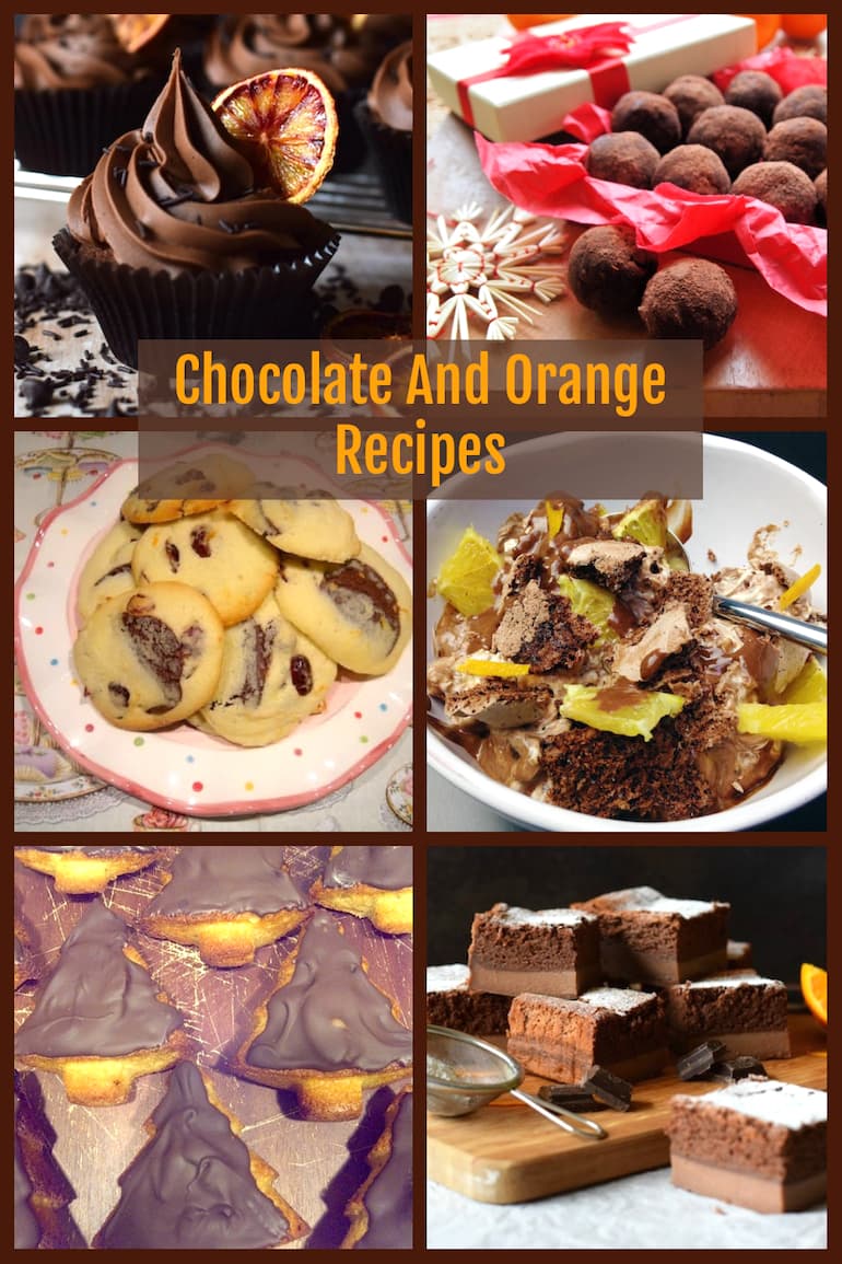 Pin collage showing six chocolate and orange recipes.