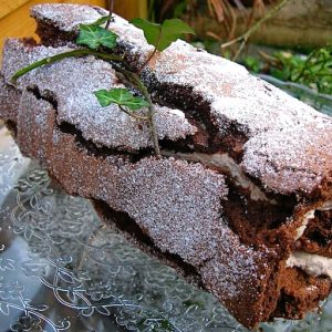 Chocolate chestnut log (roulade) on a glass plate with ivy.