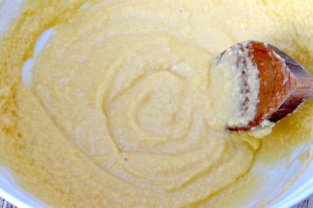 Eggs and advocaat beaten into butter and sugar.