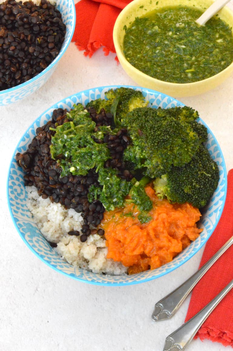 Black lentil bowl with chimichurri sauce.