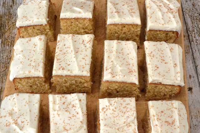Iced traybake cut into rectangles.
