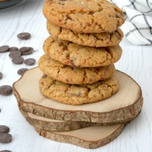 A stack of vegan chocolate chip cookies.
