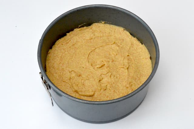 Cake batter in tin ready for baking.