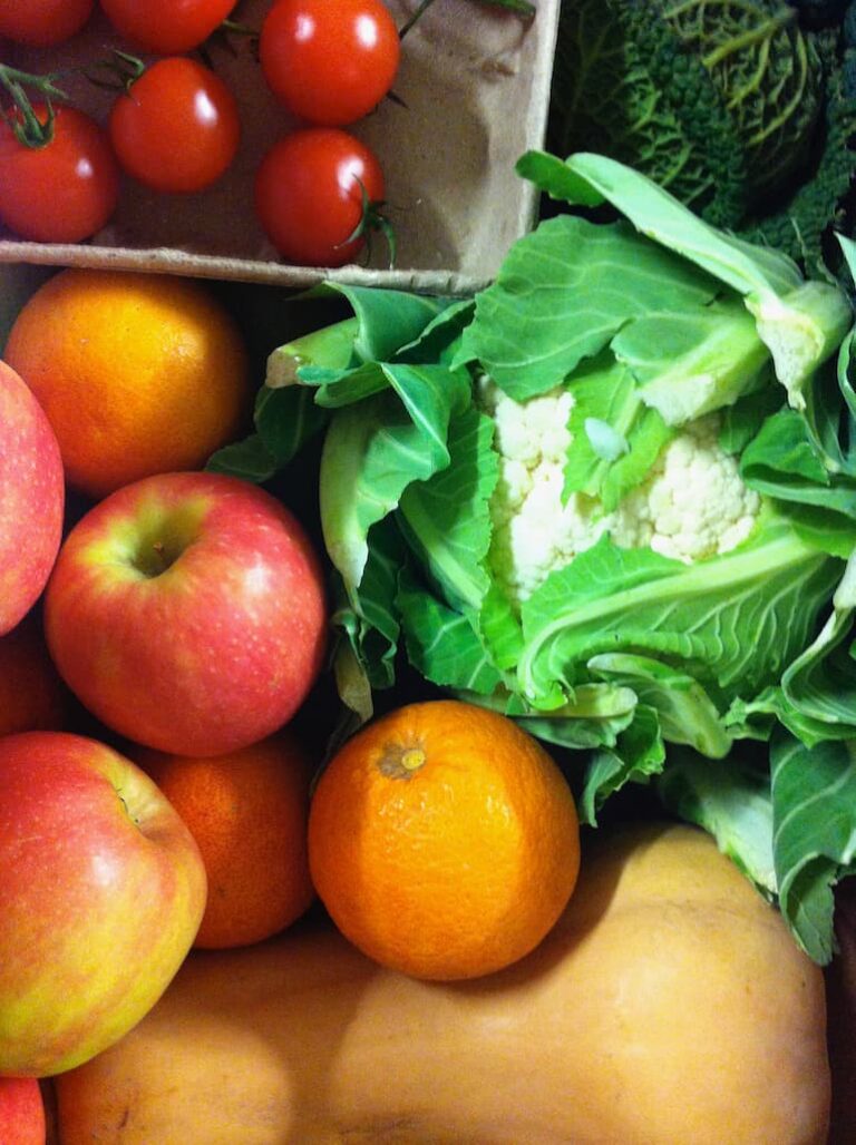 Fruit and veg in a Riverford box.
