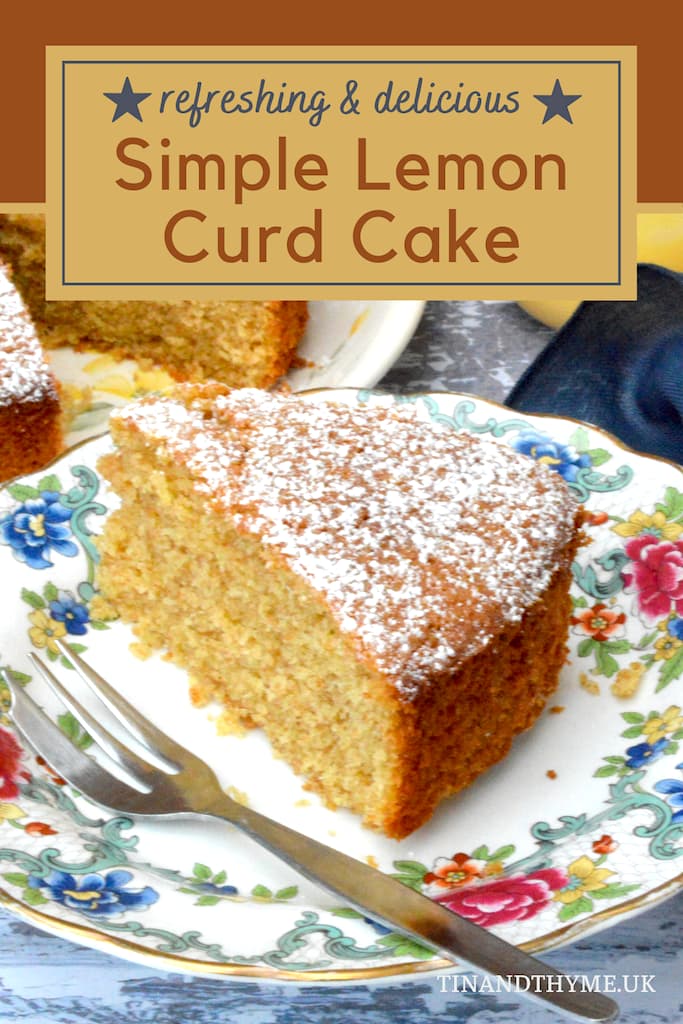Close up of a slice of simple lemon curd cake.