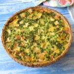 Vegetarian spring quiche uncut.
