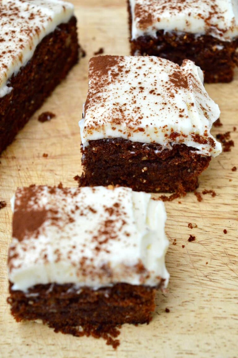Nutty chocolate cake squares with mascarpone icing.
