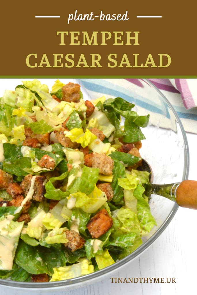 Pin showing partial bowl of tempeh caesar salad.