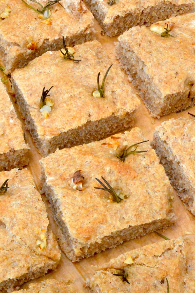 Rosemary and garlic whole wheat focaccia squares.