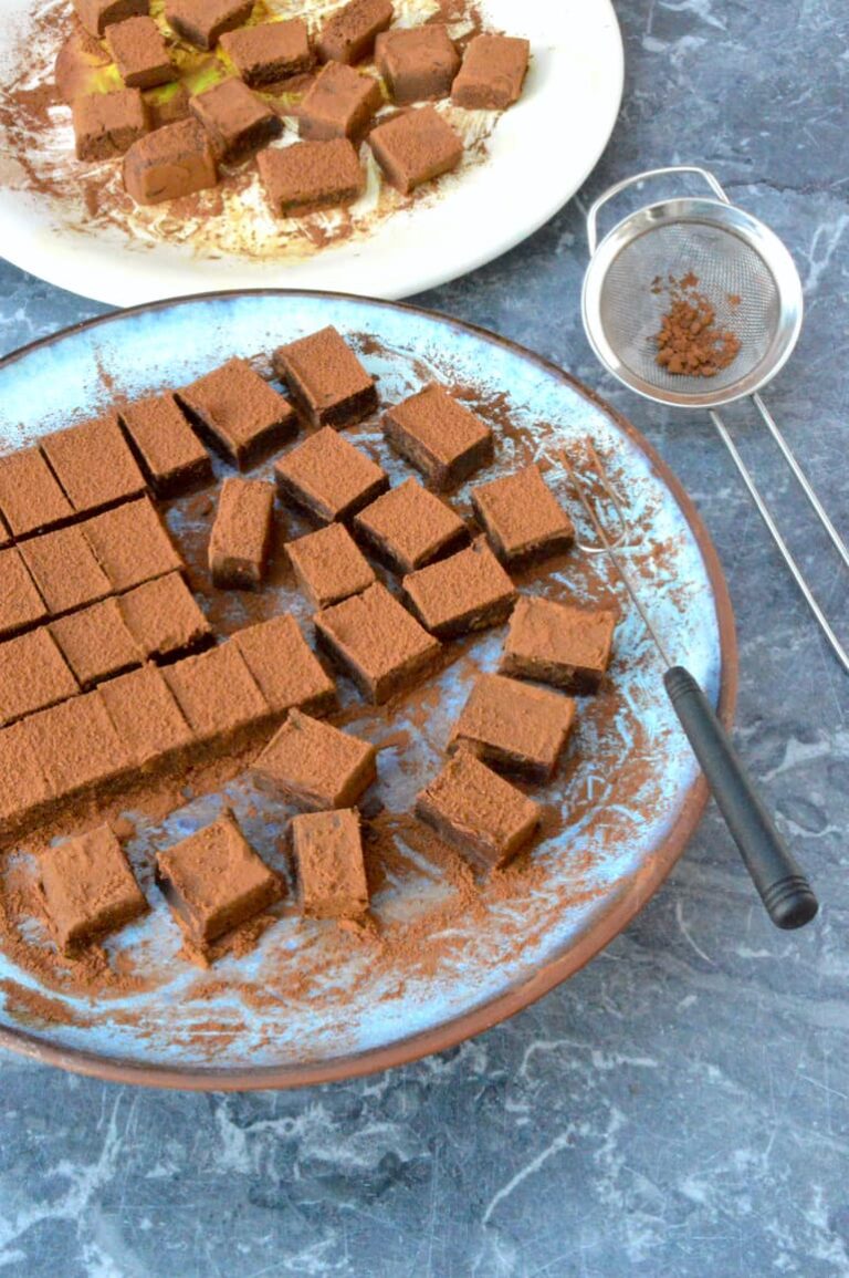Easy square coffee chocolate truffles on two plates.