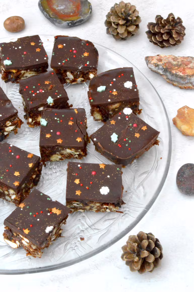 Partial view of a plate of Christmas tiffin.