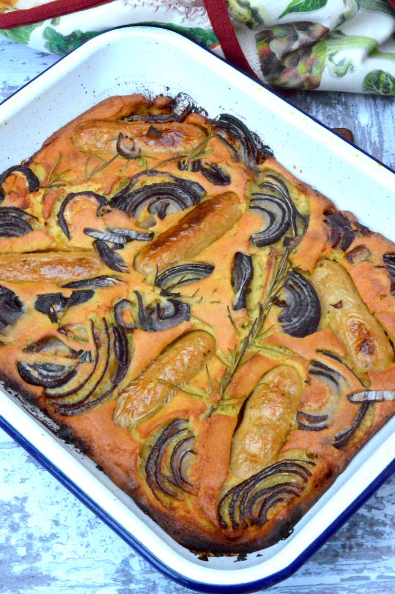 Vegan toad in the hole just out of the oven.