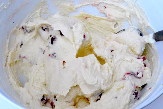 Raspberries stirred into cream cheese mix.