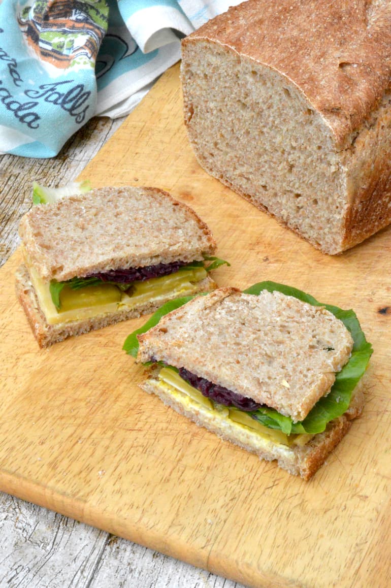 Stacked cheese sandwich made with homemade Portuguese bread.