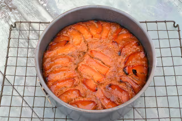 Glazed cake in tin on cooling rack.
