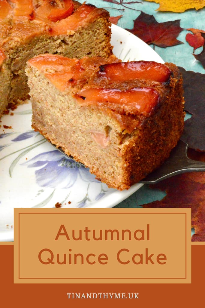 Pin showing slice of homemade autumn quince cake.