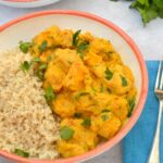 Bowl of protein-rich creamy vegan squash curry with rice.