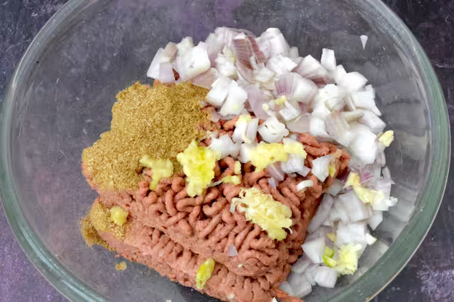 Vegan mince, shallots, garlic and spices in mixing bowl.