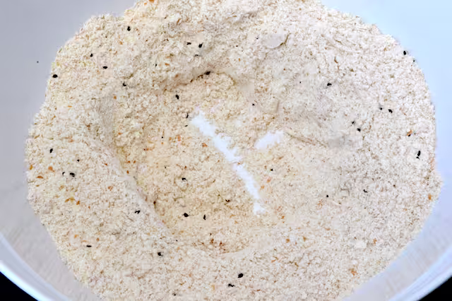 Flour mixed with spices in bowl.