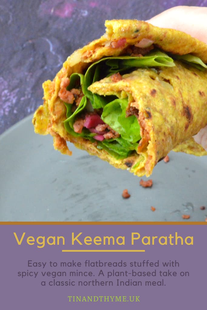Rolled up vegan keema paratha pin with lettuce, red cabbage and leftover vegan mince.