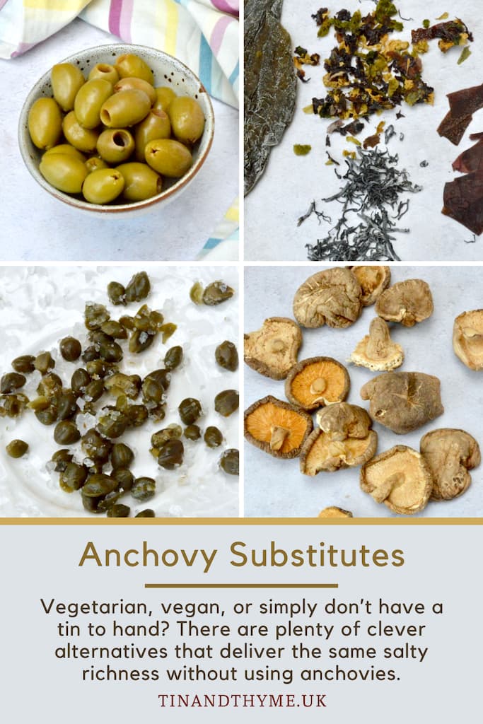 Collage of four vegan anchovy substitutes.