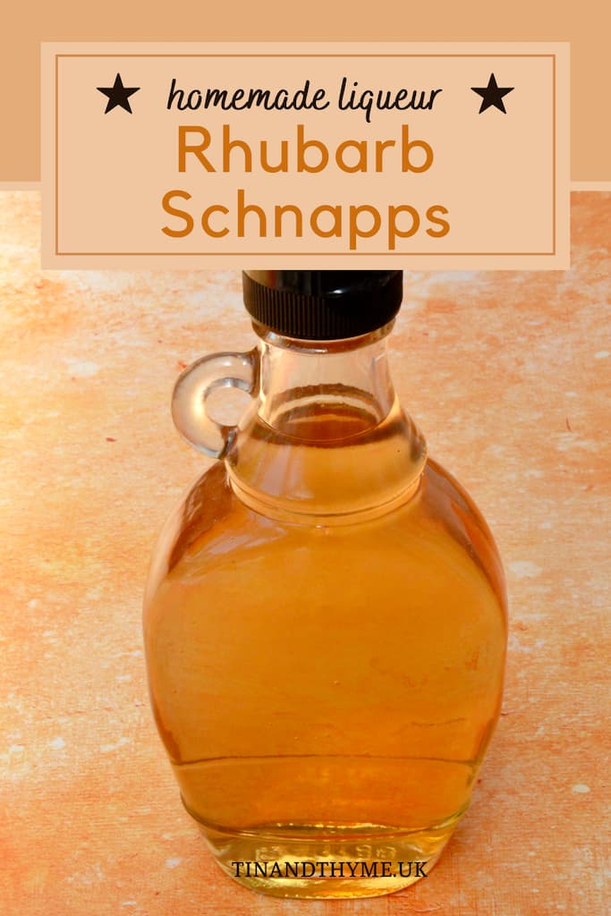 Bottle of homemade rhubarb liqueur.
