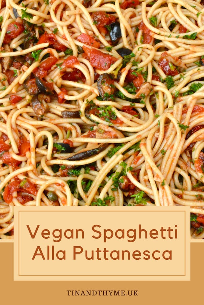Close up of homemade vegan spaghetti alla puttanesca.