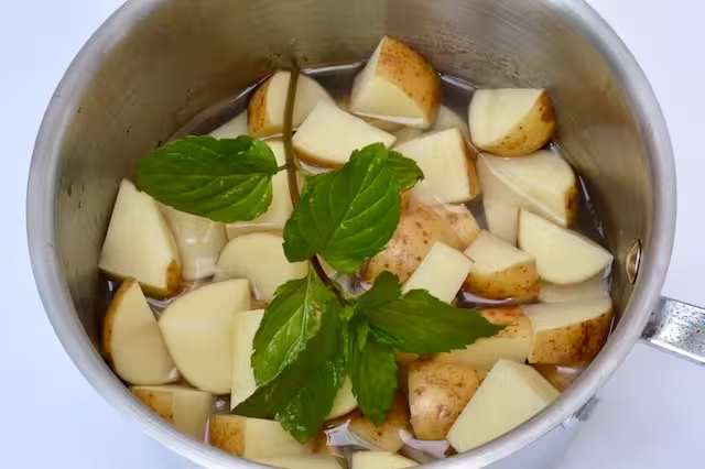 Potatoes in saucepan with water and mint.