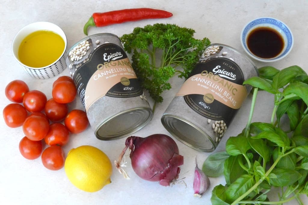 Ingredients needed to make Italian Tuscan bean salad.