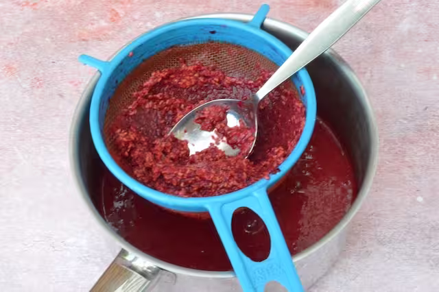 Raspberry seeds in sieve with spoon.