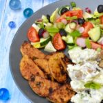 Vegetarian souvlaki salad plated up and ready for eating.