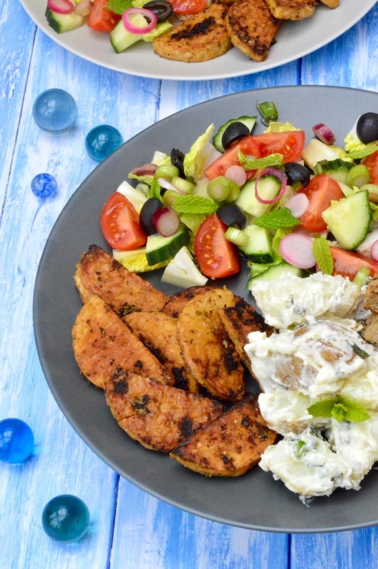 Vegetarian souvlaki salad plated up and ready for eating.