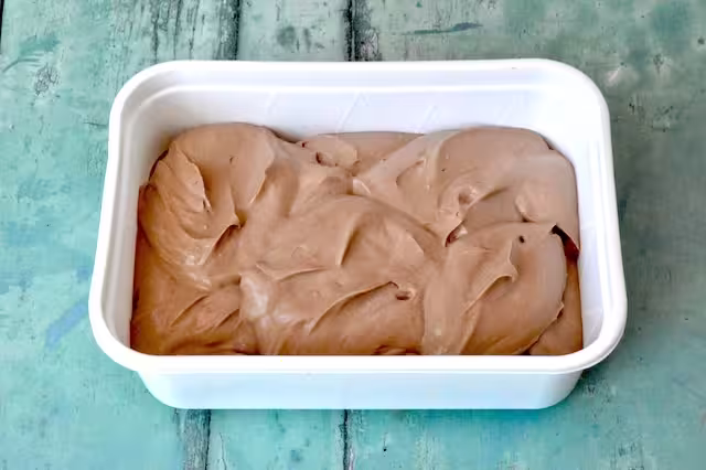 Tub of whipped roasted green tea cream prior to freezing.