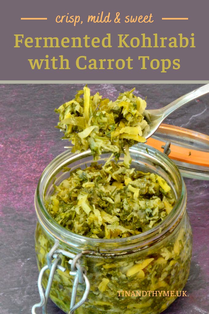 Forkful of fermented kohlrabi and carrot tops taken from open jar.
