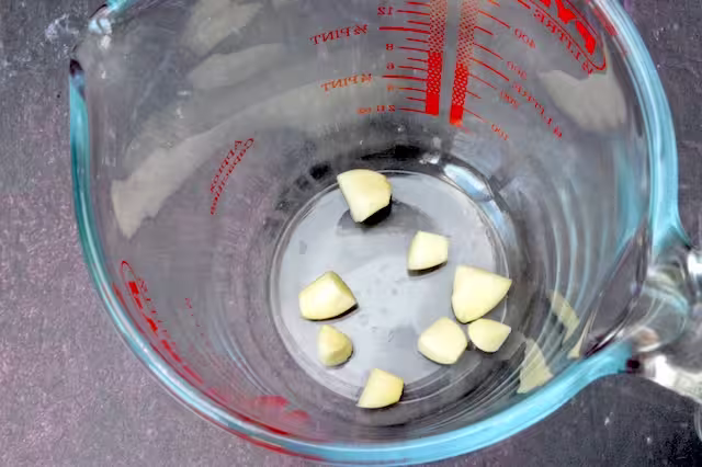 Roughly chopped garlic in jug.