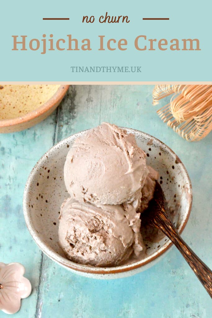 Homemade no churn hojicha ice cream scoops in bowl with spoon.