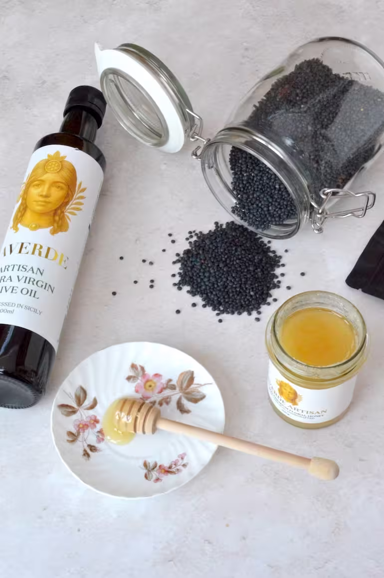 Olive oil, raw honey and black Villalba lentils from Laverde Artisan.
