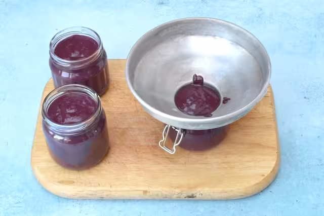 Three filled jars with metal jam funnel in one.