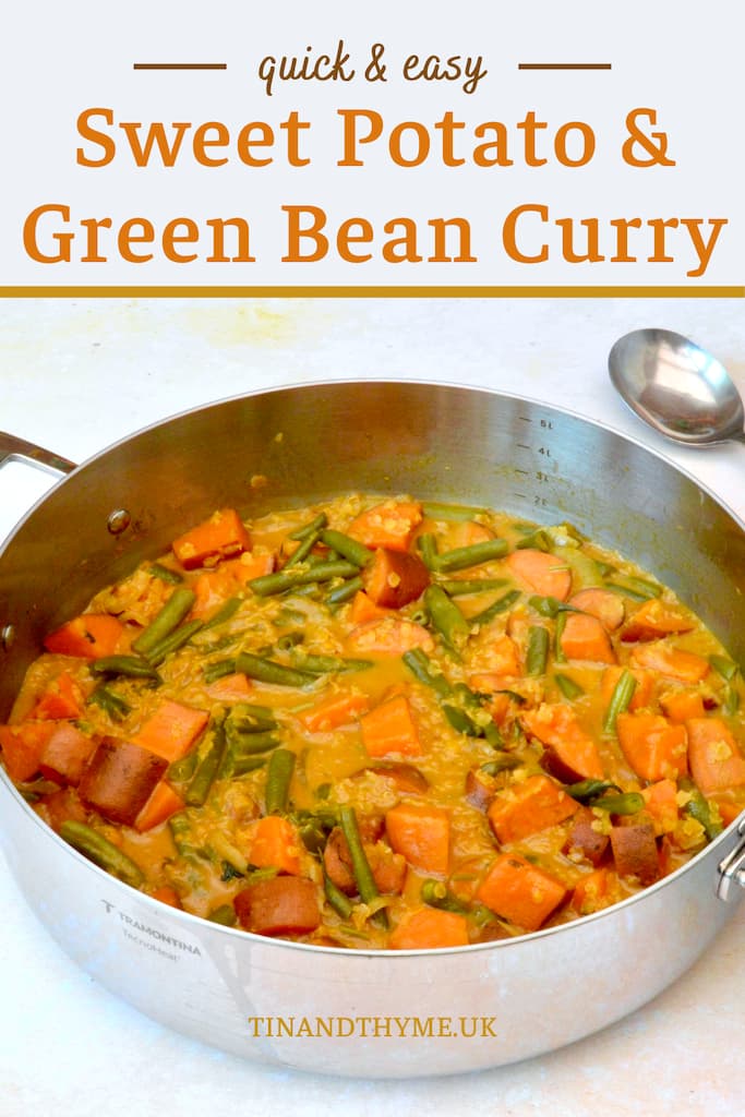 Pan of homemade sweet potato and green bean curry with lentils.