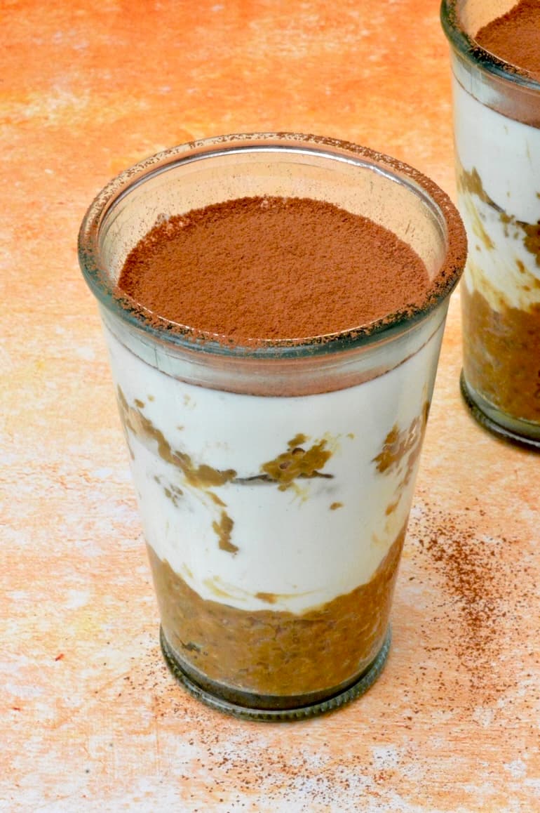 Two ten-minute tiramisu breakfast pots, one only partially showing.