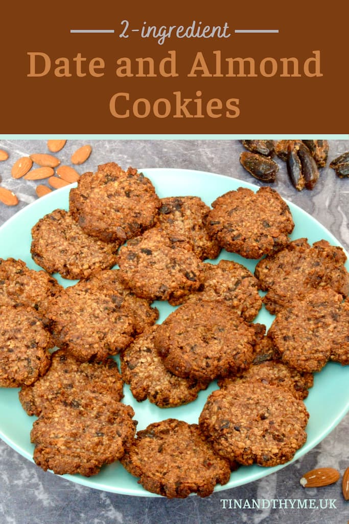 Close up of a plate of 2-ingredient date and almond cookies.